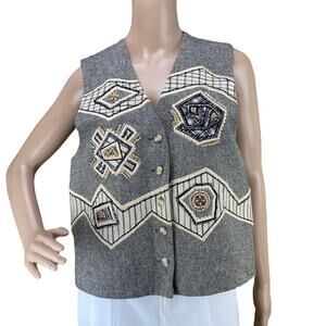 Vintage I.B. Diffusion Gray Cream Embroidered Beaded Sleeveless Vest Size 8